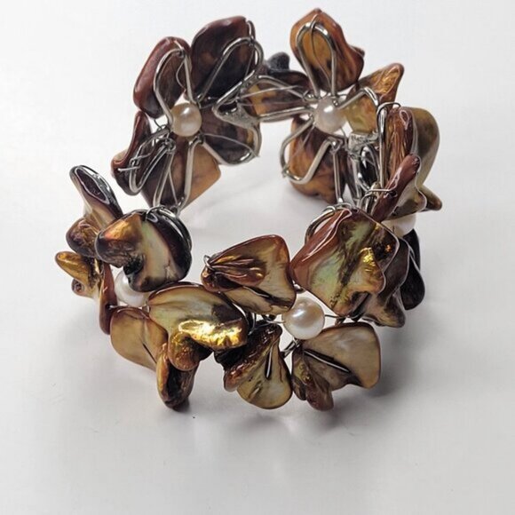 Brown Cuff Bracelet Freshwater Pearl and Mother Of Pearl Bangle NEW - Picture 9 of 9